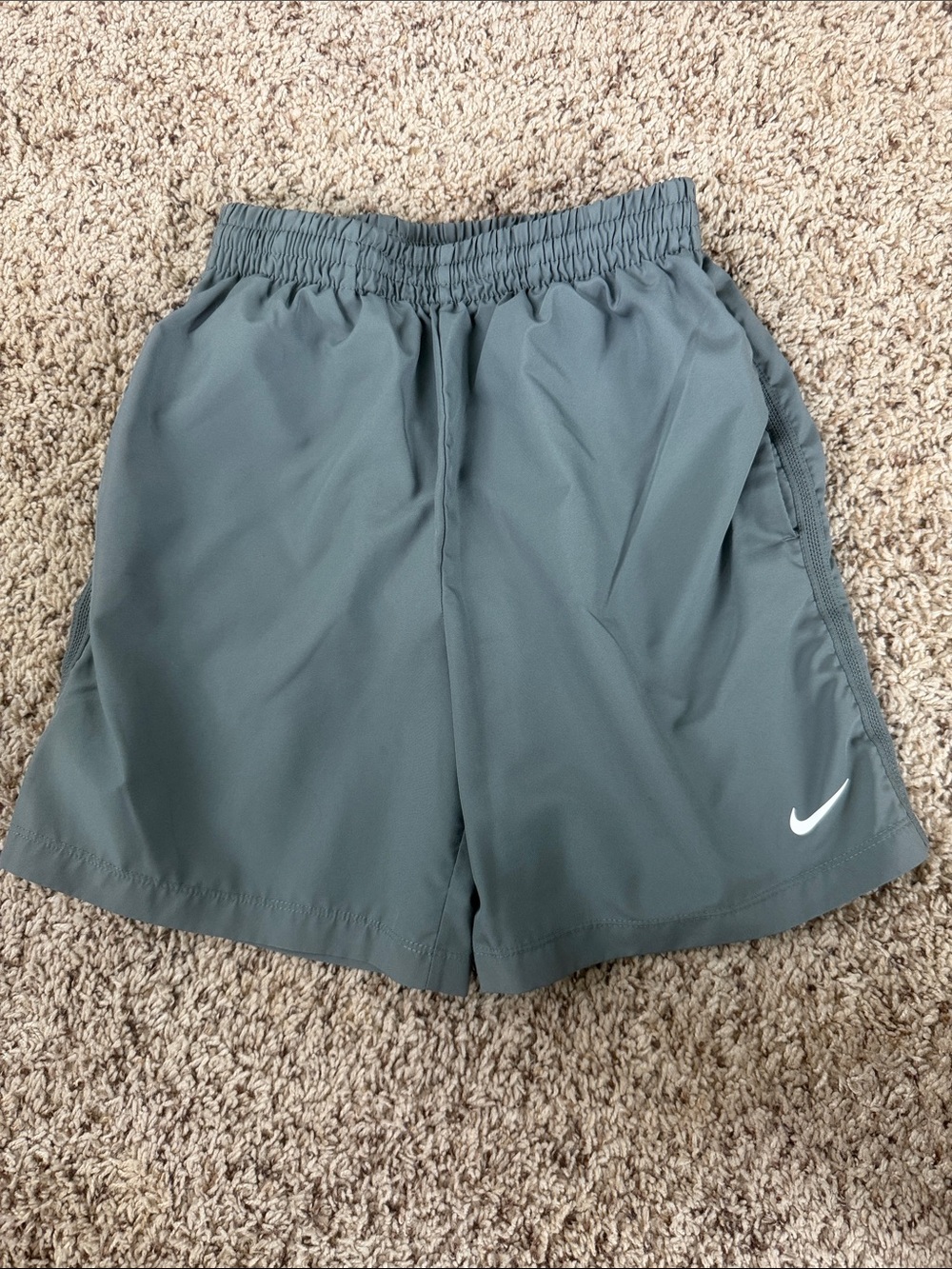 Nike Men's Slate Green Athletic Shorts with White Swoosh